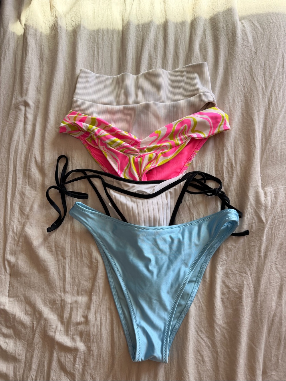 Women’s Swim Bikini Bottoms — Pink Swirl, White Rib, Light Blue, B&W